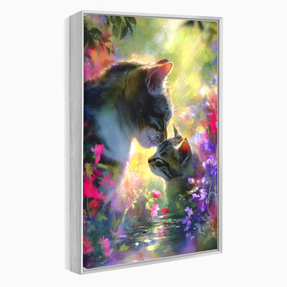 Tablou canvas cu tablou canvas cu pisici mangaite in gradina, in rama de aluminiu argintiu